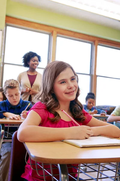 Use Your Imagination Young Girl Sitting Class Her Teacher Classmates Stock Image