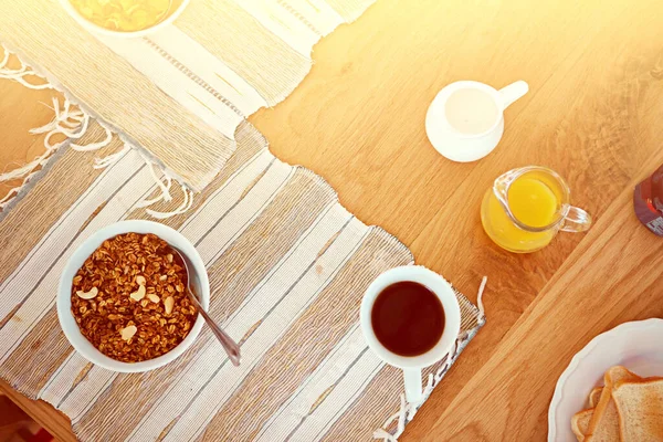 Tasty Nutritious High Angle Shot Empty Table Set Breakfast Foods — Stock Photo, Image
