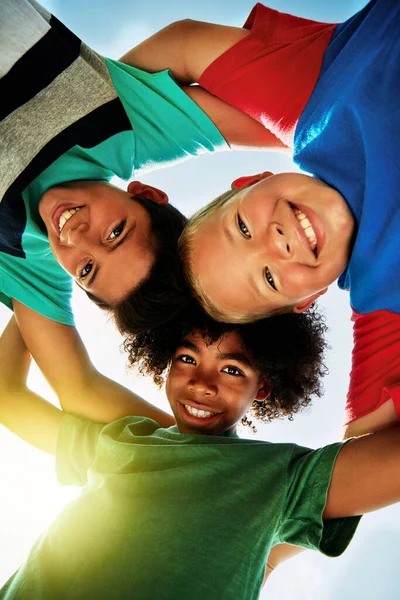 Well Buds Forever Portrait Group Diverse Happy Kids Huddled Together — Stock Photo, Image