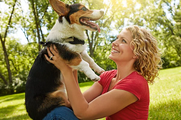 犬种亲属关系 在公园里和她的狗亲近的年轻女人 — 图库照片