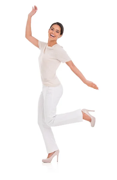 Shes Chic Spontaneous Studio Shot Beautiful Ethnic Woman Leaping Her — Stock Photo, Image