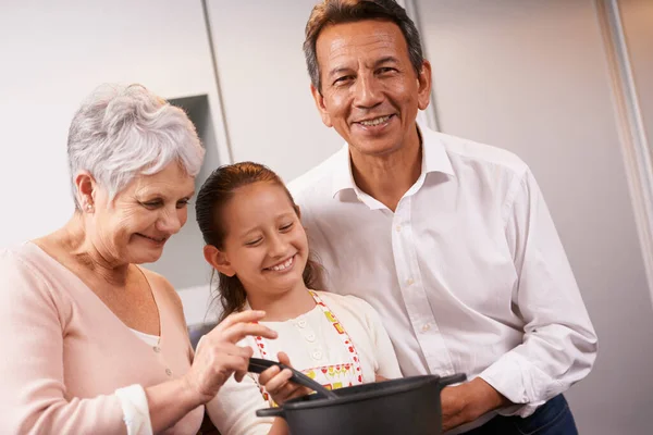 Learning Grannys Secret Stew Recipe Young Girl Being Taught How — Stock Photo, Image