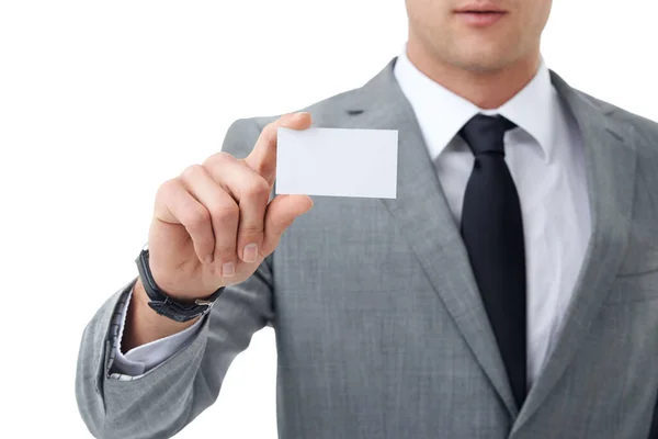 Apresenta Homem Negócios Mostrando Seu Cartão Visita Branco — Fotografia de Stock