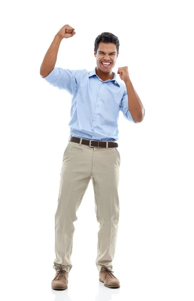 庆祝成功 一个年轻男子的画像 他的胳膊被举着庆祝 被白色隔开 — 图库照片