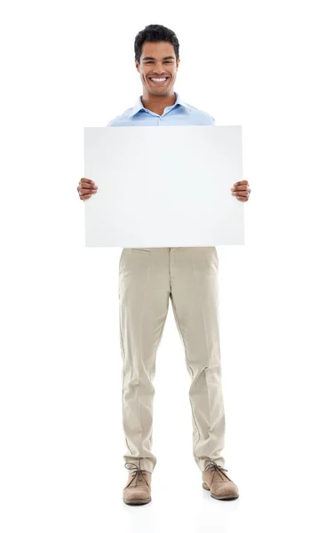 How You Idea Studio Shot Young Man Holding Blank Card — Stock Photo, Image