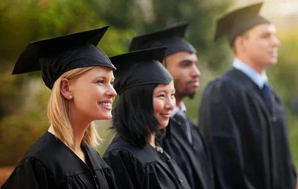 Ready Next Challenge Group Young College Graduates Standing Row — Stock Photo, Image