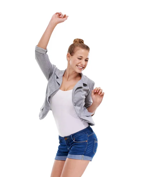 幸福感に圧倒された 白い背景で応援する美しい若い女性 — ストック写真