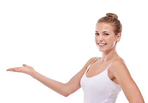 Heres Favourite Option Young Teen Girl Smiling While Presenting Copyspace — Stock Photo, Image