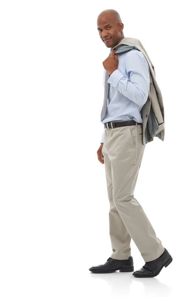 Negocio Sienta Bien Hombre Negocios Afroamericano Caminando Con Chaqueta Colgada — Foto de Stock