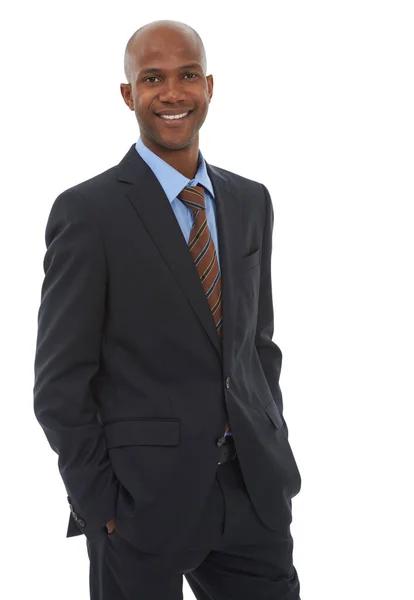 Йому Легко Досягти Успіху Успішний Афроамериканський Комерсант Ізольований Білому Тлі — стокове фото
