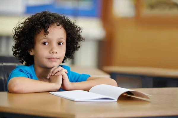 Who Ever Likes Test Little Boy Seated His Desk School — Stock Photo, Image