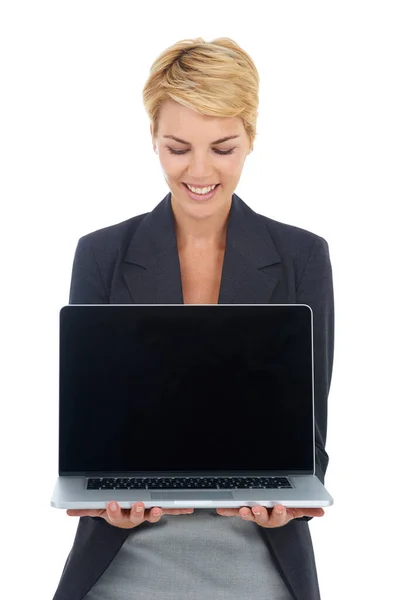 Новый Ноутбук Потрясающий Молодая Деловая Женщина Показывает Чистый Экран Ноутбука — стоковое фото