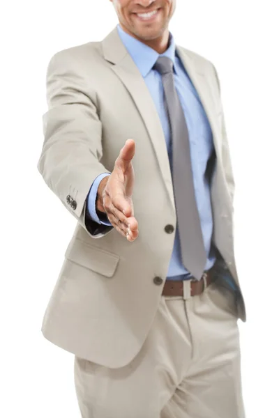 Welcome Firm Studio Portrait Handsome Young Businessman Extending His Hand — Stock Photo, Image