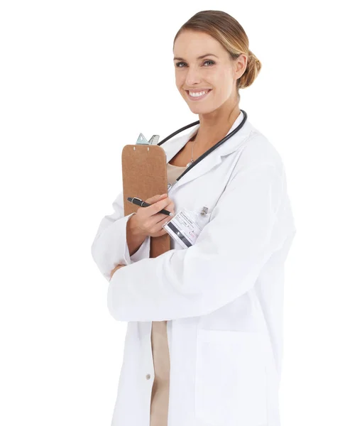 Listo Para Próxima Cita Una Atractiva Doctora Sosteniendo Portapapeles Aislada —  Fotos de Stock
