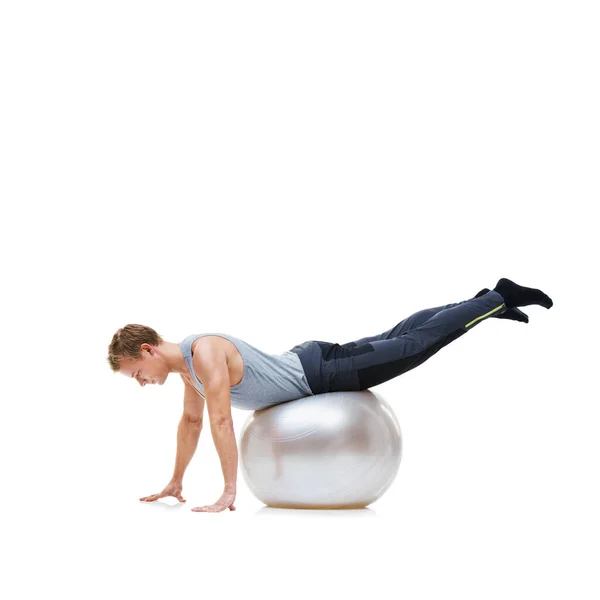 Esticar Músculos Homem Balanceando Uma Bola Exercício Com Fundo Branco — Fotografia de Stock