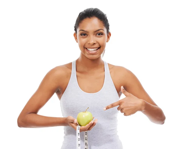 Mantenha Sua Dieta Saudável Colha Recompensas Uma Jovem Bonita Apontando — Fotografia de Stock