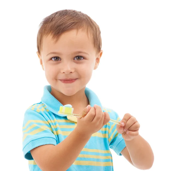 Its Big Boy Toothbrush Portrait Young Boy Holding Toothbrush Isolated — Stock Photo, Image