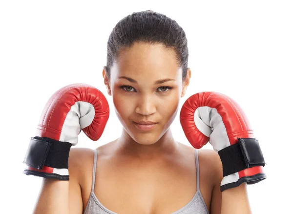 Vecht Voor Fitness Een Mooie Jonge Vrouw Met Bokshandschoenen Aan — Stockfoto