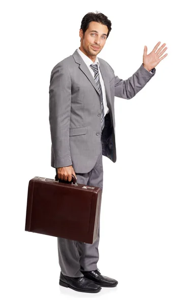 Hey Full Length Young Executive Holding Briefcase Waving You — Stock Photo, Image