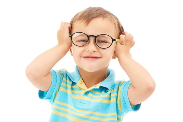 Gostar Das Minhas Novas Especificações Retrato Estúdio Menino Usando Óculos — Fotografia de Stock