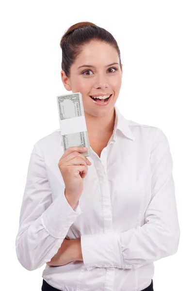 What Windfull Studio Portrait Young Woman Holding Stack Dollar Bills — Stock Photo, Image