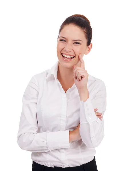 Łatwo Się Śmieje Studyjne Ujęcie Atrakcyjnej Młodej Kobiety Stojącej Ręką — Zdjęcie stockowe