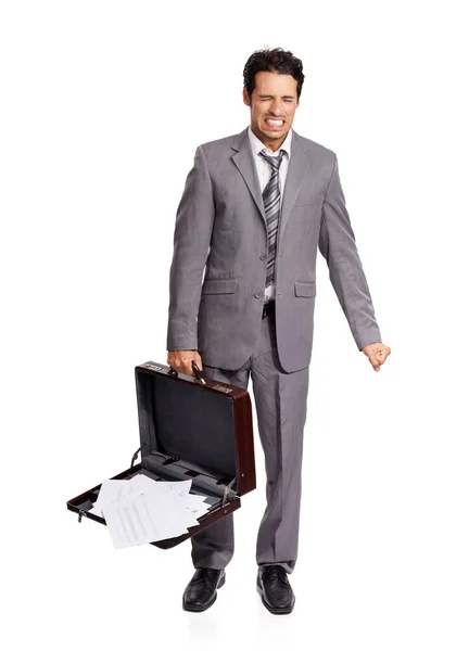 Again Full Length Young Executive Grimacing All His Documents Fall — Stock Photo, Image