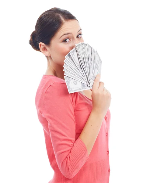 Finanzas Dinero Ganador Con Retrato Mujer Estudio Para Inversión Éxito —  Fotos de Stock