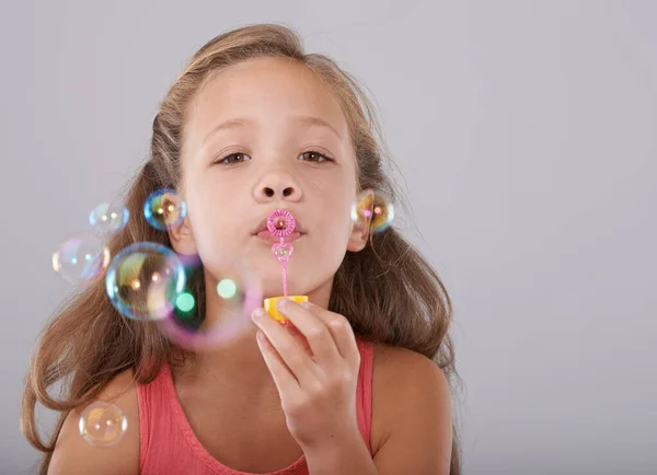 Fun Bubbles Studio Shot Cute Little Girl Blowing Bubbles — Stock Photo, Image