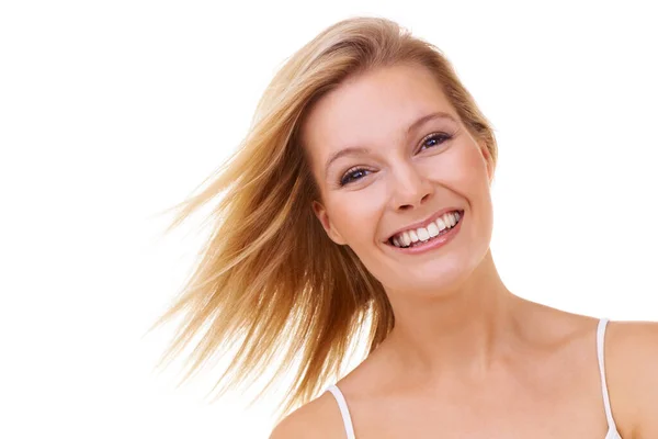 Her Radiant Smile Cropped Studio Shot Beautiful Young Blonde Smiling — Stock Photo, Image