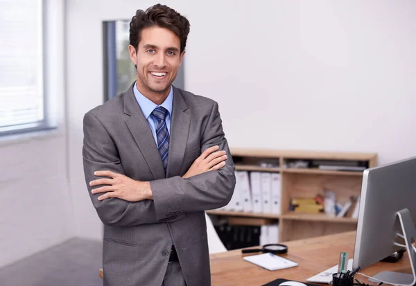 Proud His Workspace Handsome Young Businessman Standing His Office Confidently — Stock Photo, Image
