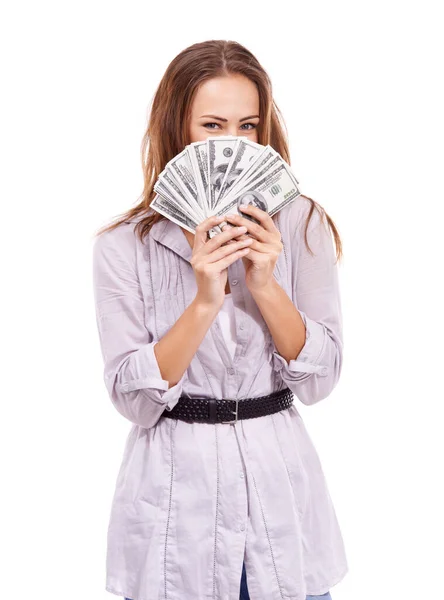 Ready Splurge Casually Dressed Woman Looking Excited While Holding Wad — Stock Photo, Image