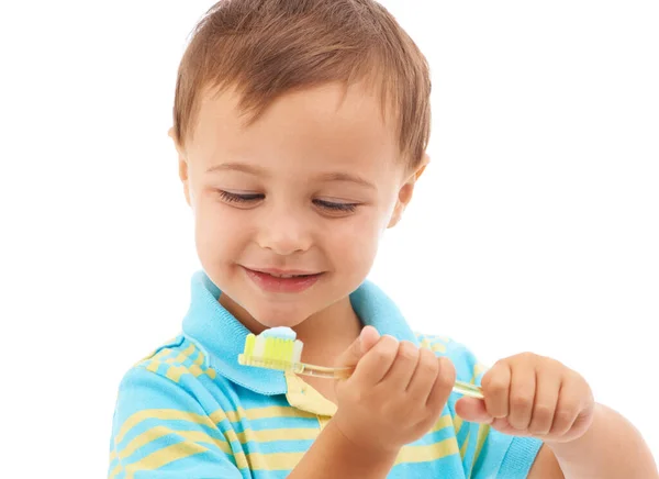 Знал Чистить Зубы Весело Милый Мальчик Зубной Щеткой Изолированной Белом — стоковое фото