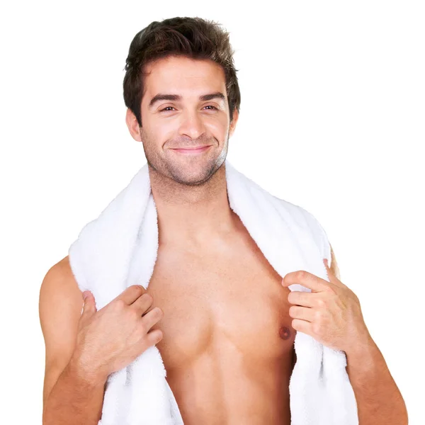 Άσκηση Ρουτίνας Μου Στιγμιότυπο Ενός Όμορφου Γυμνού Άνδρα Μια Πετσέτα — Φωτογραφία Αρχείου