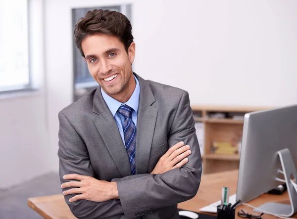 Hes Proud His Successes Handsome Young Businessman Standing His Office — Stock Photo, Image