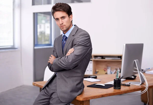 Serious Doing Business Handsome Young Businessman Sitting His Desk His — Stock Photo, Image