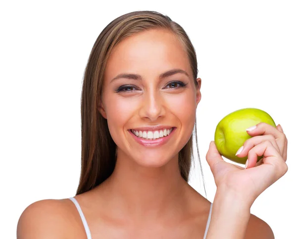 Apple Day Young Woman Smiling While She Holds Apple Isolated — Stock Photo, Image