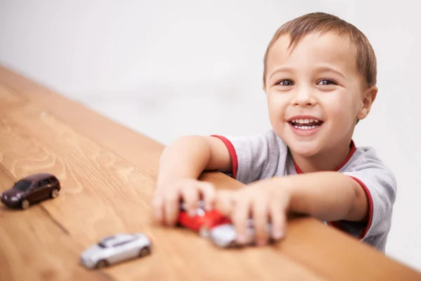 Broom Broom Portrait Cute Young Boy Playing Toy Cars — Stock Photo, Image