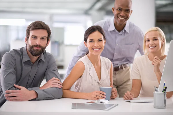 Focused Future Group Smiling Businesspeople Gathered Desk — Stock Photo, Image