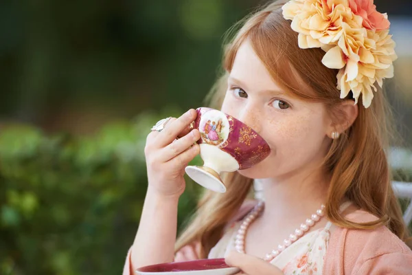 Sipping Tea Young Girl Playing Dress Sipping Her Tea Cup — Stock Photo, Image