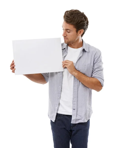 Thats Great Place Advert Handsome Young Man Holding Sign Your — Stock Photo, Image
