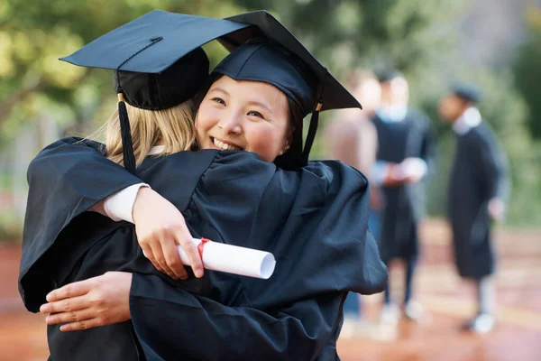 Weve Finally Graduated Two College Graduates Hugging One Another Congratulations — Stok fotoğraf