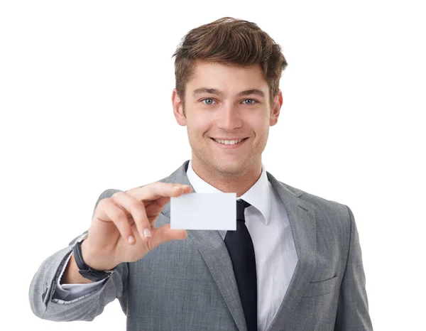 Tens Meu Apoio Homem Negócios Mostrando Seu Cartão Visita Branco — Fotografia de Stock