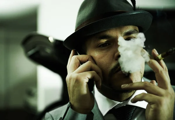Violence His Eyes Arrogant Mobster Blowing Smoke Air While Talking — Stock Photo, Image