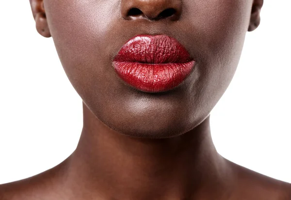Outils Séduction Gros Plan Une Femme Portant Rouge Lèvres Rouge — Photo