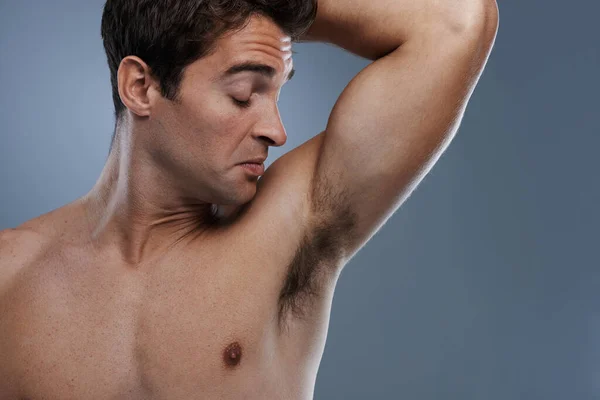 Time Shower Handsome Young Man Grimacing While Smelling His Armpit — Stock Photo, Image