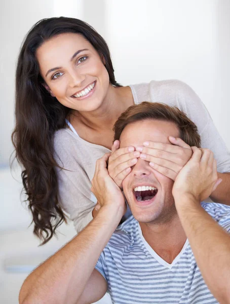 Casual Couple Young Woman Holding Her Hands Her Boyfriends Eyes Stock Picture