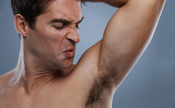 Fresh Today Handsome Young Man Grimacing While Smelling His Armpit — Stock Photo, Image