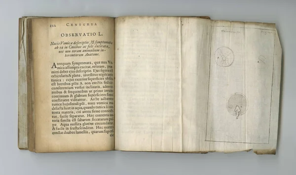 Yıpranmış Dövülmüş Sayfaları Sergilenen Eski Bir Tıp Kitabı — Stok fotoğraf