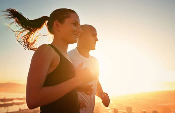 Sunrise Fitness Happy Couple Running Workout Morning Exercise Health Wellness — Stock Photo, Image